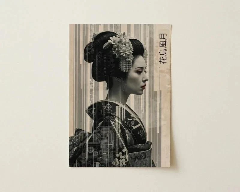 Affiche A3 – Portrait de geisha japonaise rétro‑futuriste sans cadre
